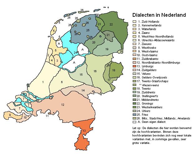 Overzichtskaart van de verschillende dialecten in Nederland.